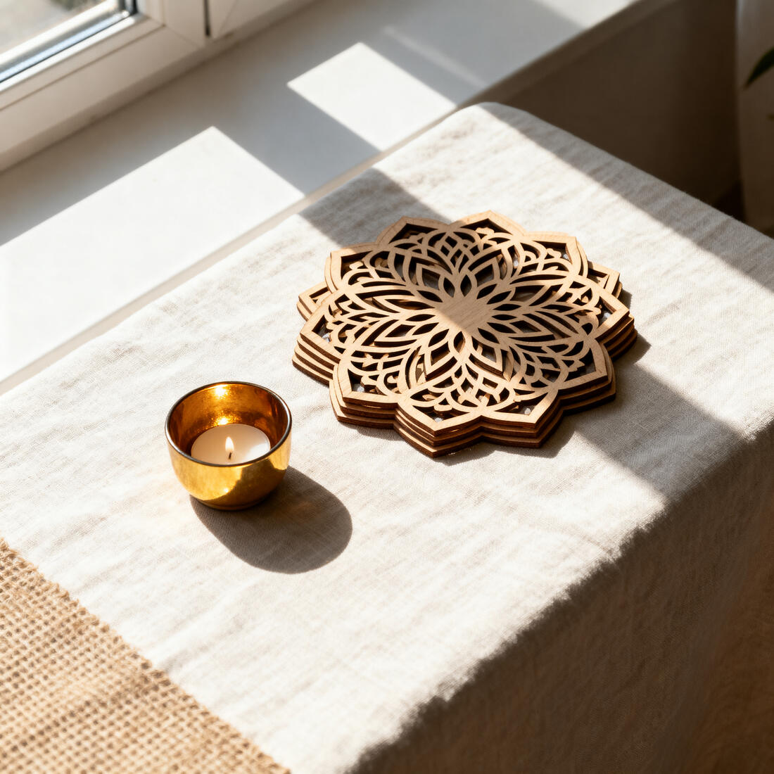Mehrlagiges Holz-Mandala und Teelichthalter