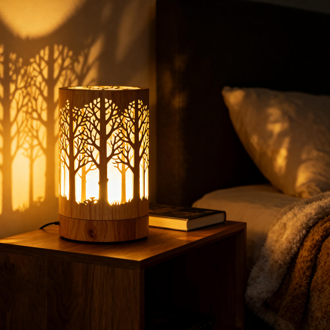 Lasergecuttete Holzlampe mit Waldmotiv