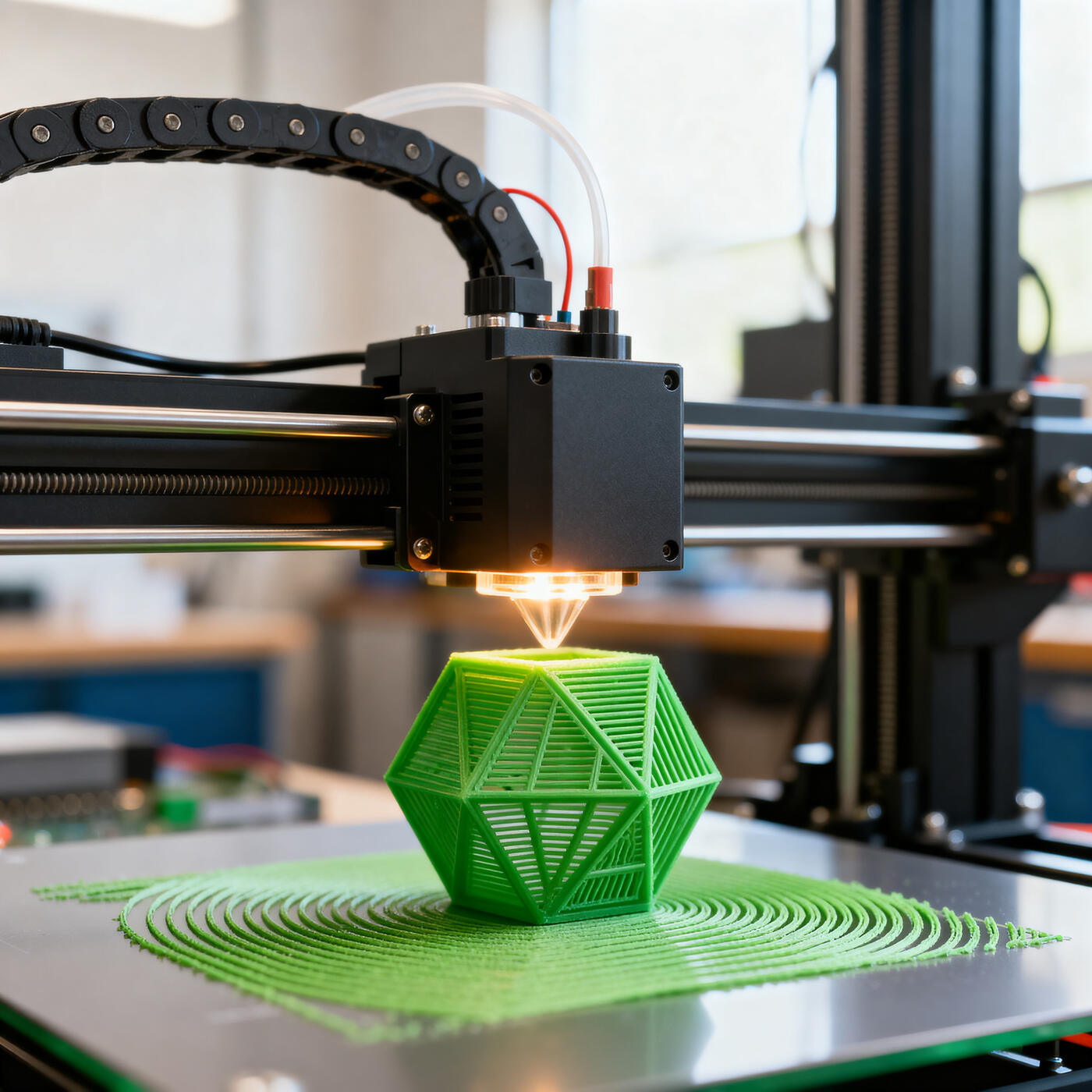 3D-Drucker druckt ein grünes Objekt