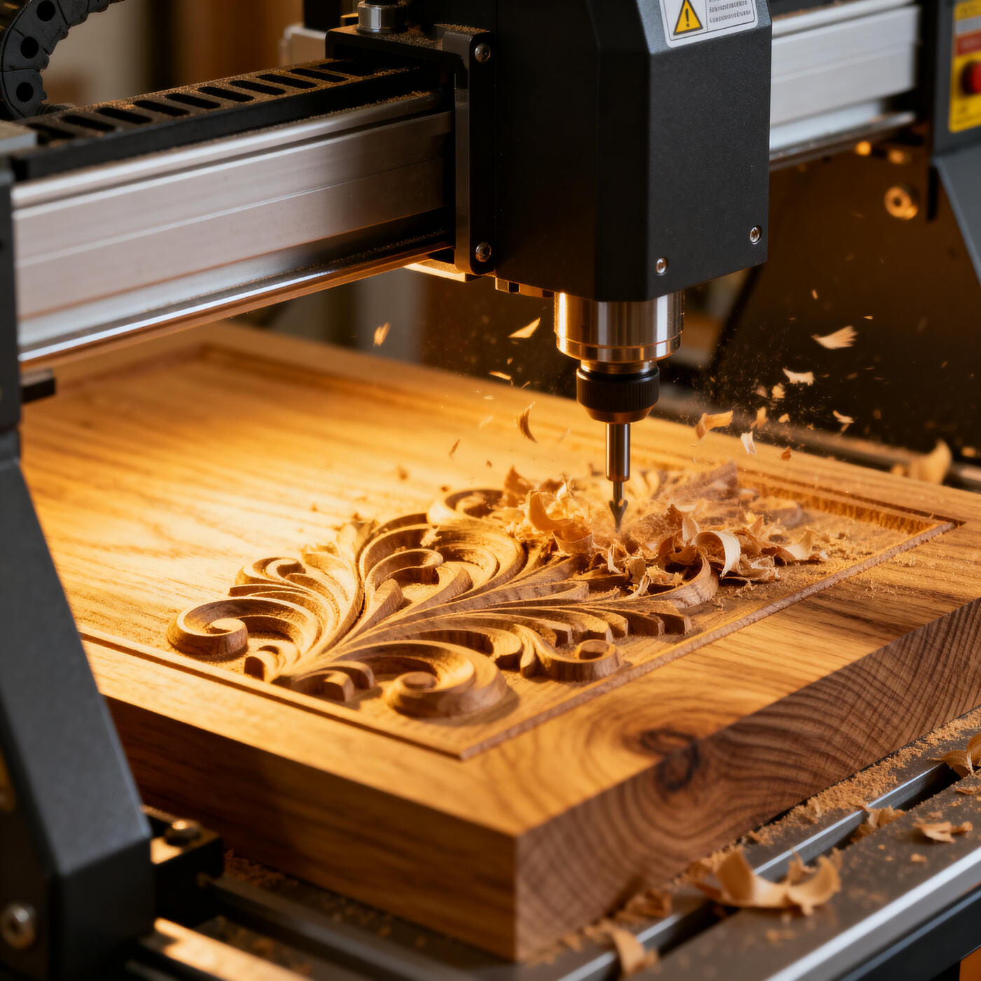 CNC-Fräse bearbeitet massives Eichenholz