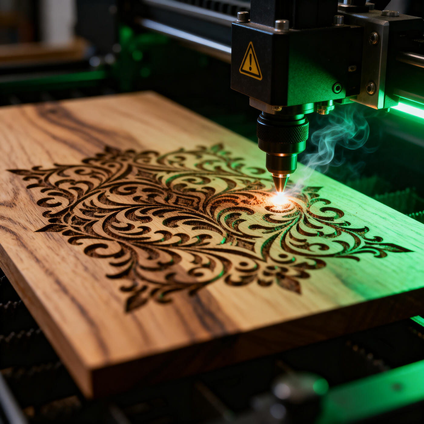 Lasercutter graviert ein Ornament in Holz